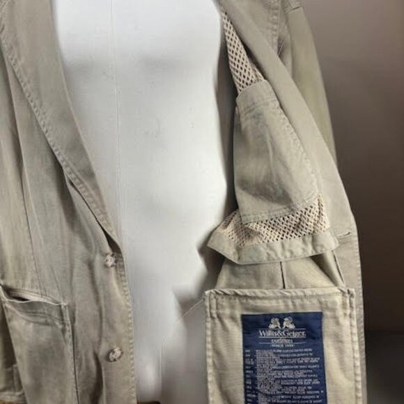 WILLIS & GEIGER Vintage Safari Jacket LEATHER COLLAR & CUFFS Tan Cotton Size XL - Picture 8 of 12